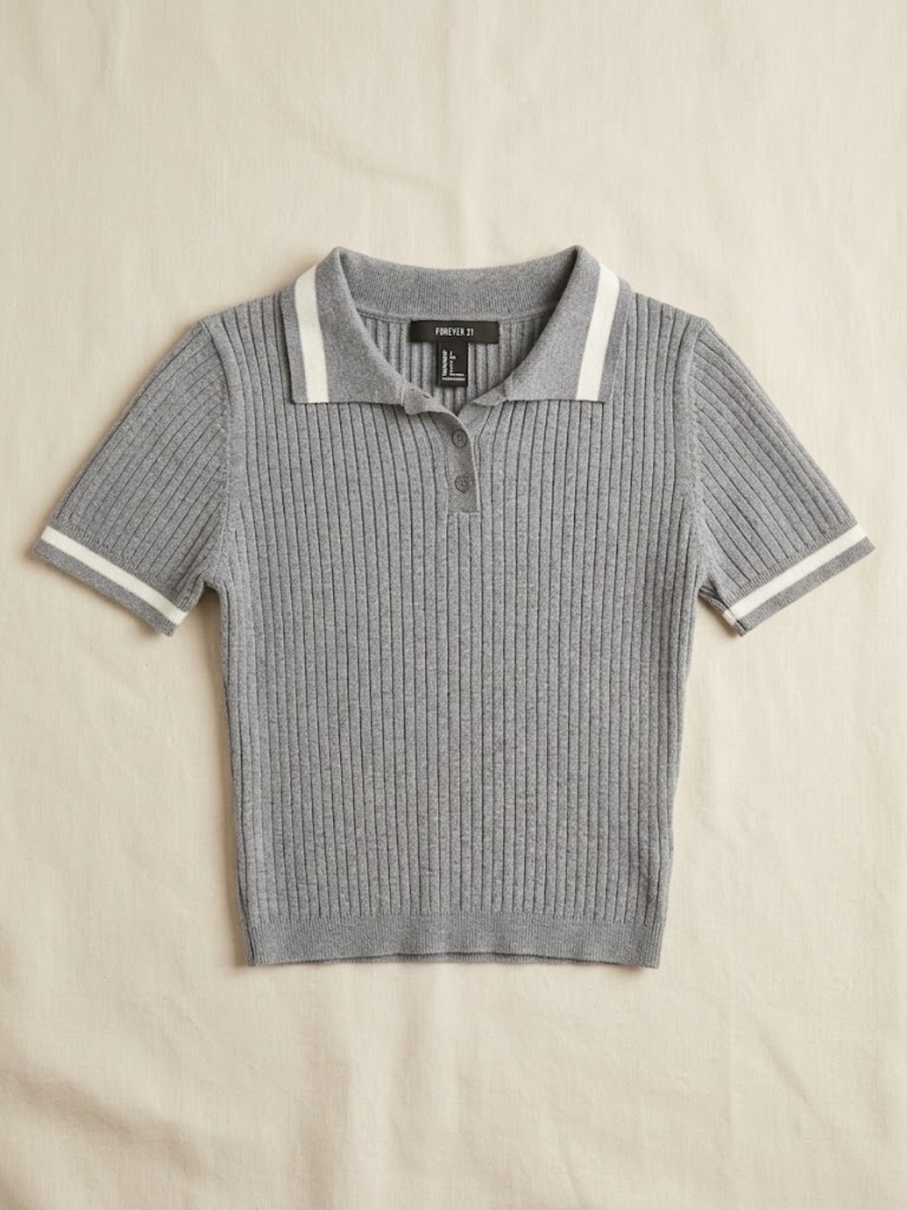 Forever 21 Grey Ribbed Cropped Polo Knit Top Size  Small Preppy Academia
